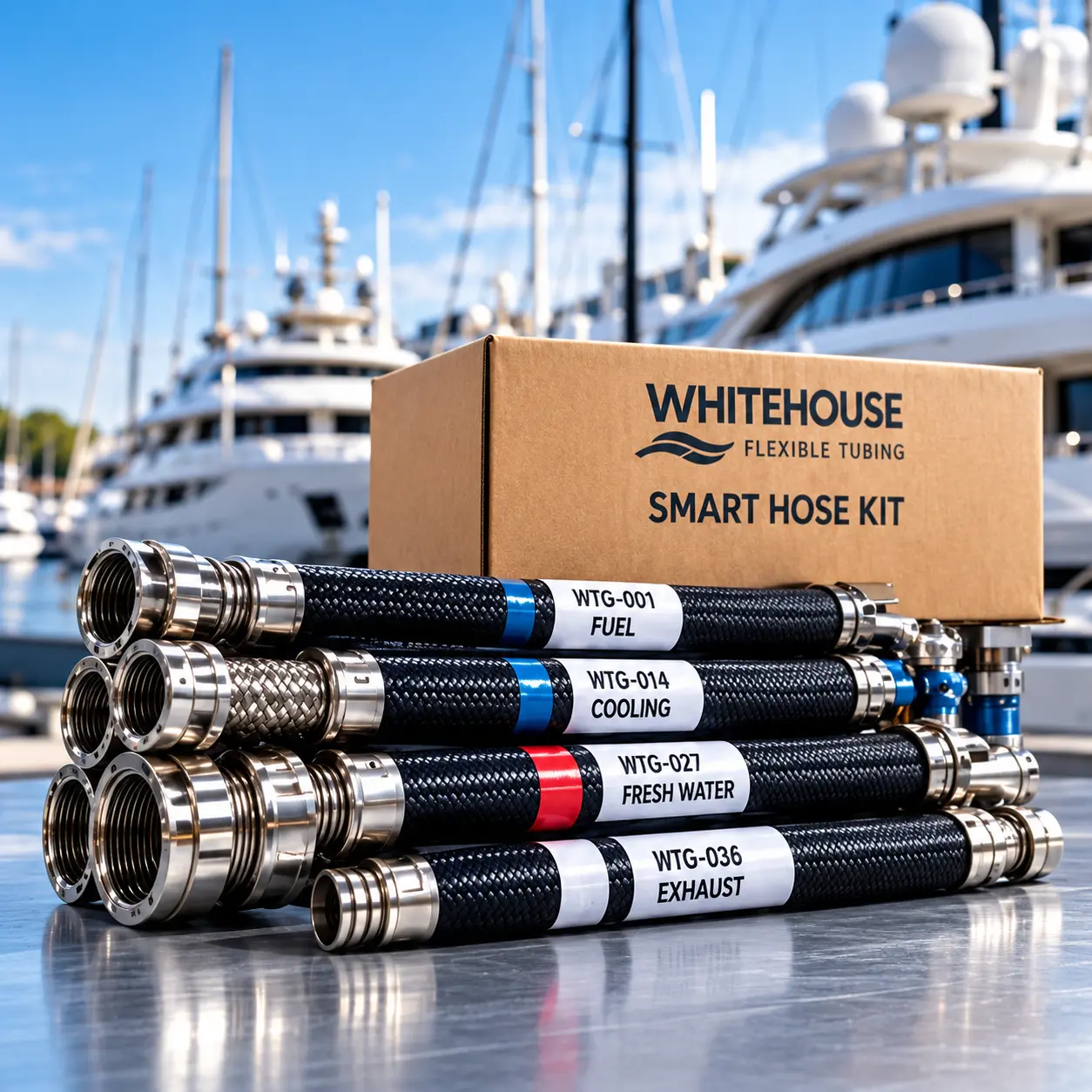 Whitehouse Smart Hose Kit with pre-cut and labelled marine hose assemblies
