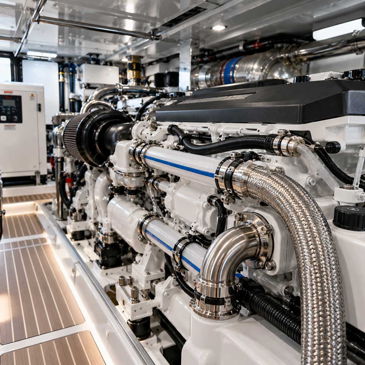 Flexible metallic and polymer tubing installed in a luxury yacht marine engine room